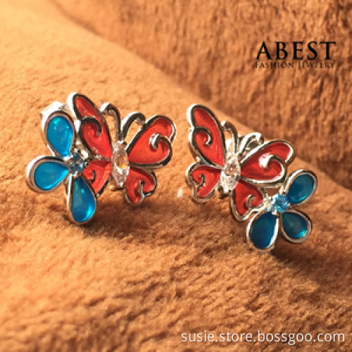 Fashion 925 Sterling Silver Butterfly Shape Color Enamel Earring Gift Design